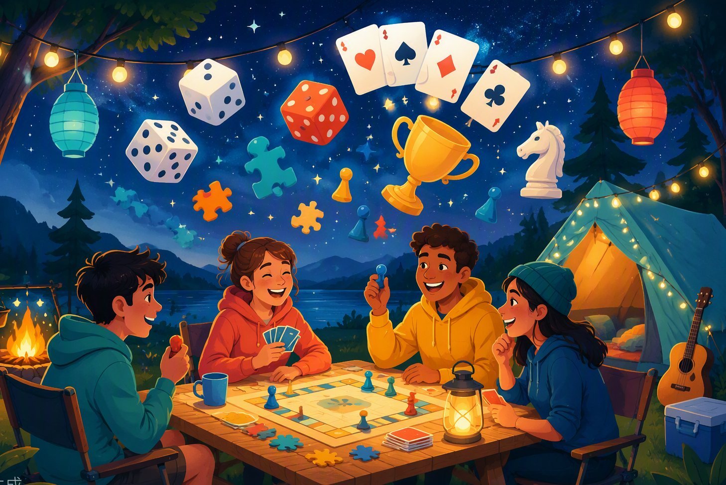 Soirée jeux de société sous les étoiles au camping
